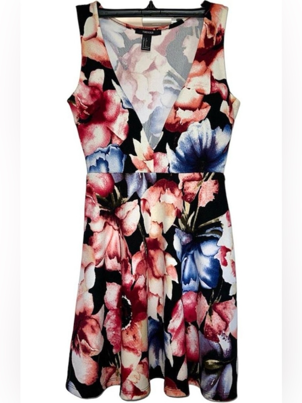 Floral V-Neck Fit & Flare Dress - Pink, Blue & Black